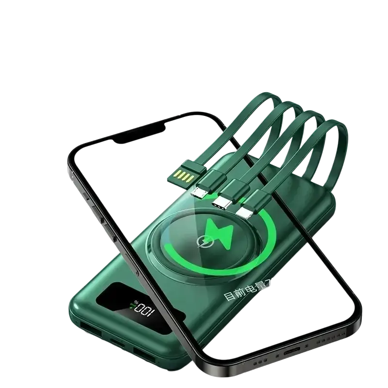 Green quick charge power bank with built-in micro usb cables and circular li-polymer battery charging pad design