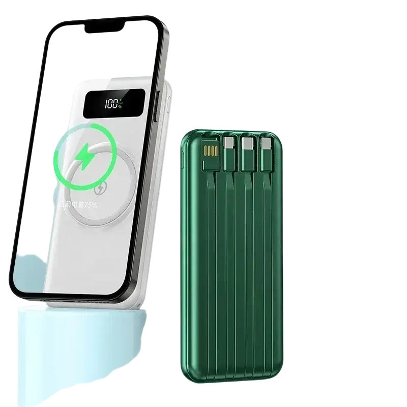 Green ribbed quick charge power bank with built-in micro usb cables and multiple usb ports for portable charging