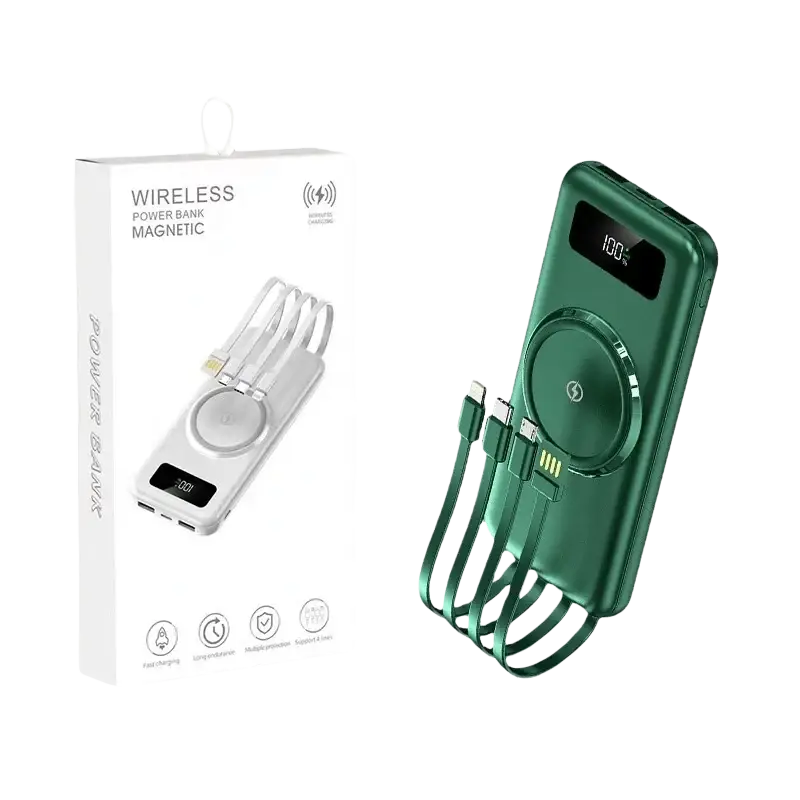 Green quick charge power bank with li-polymer battery built-in cables and magnetic charging pad with micro usb ports