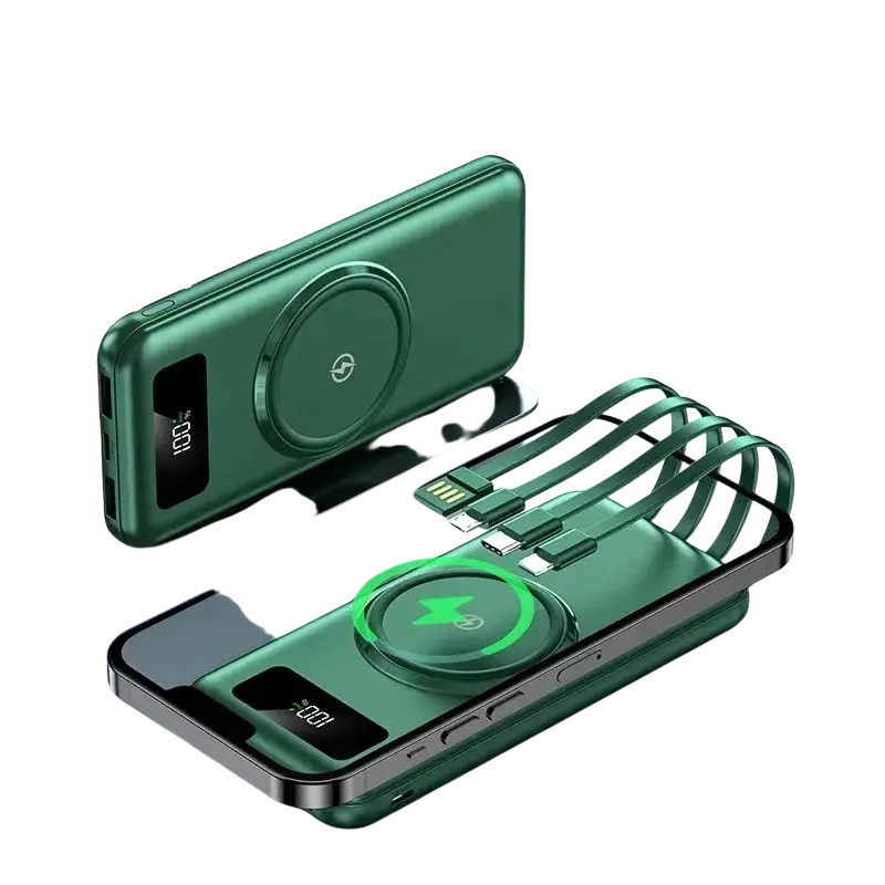 Green quick charge power bank with built-in li-polymer battery and multiple usb-c and micro usb cables bundled together