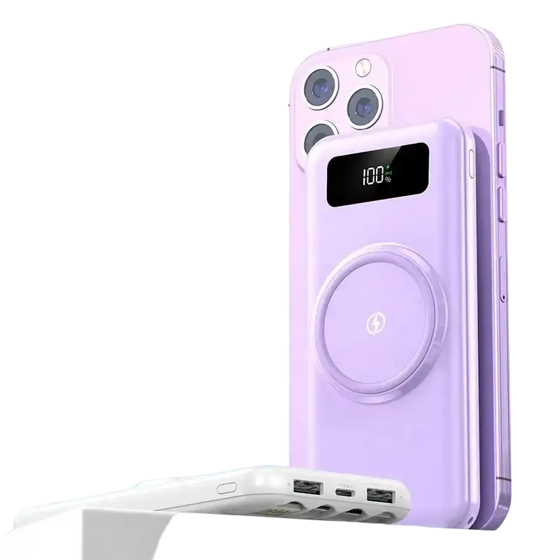 Lavender quick charge power bank with built-in micro usb cables, li-polymer battery, magnetic pad, and 100% digital display