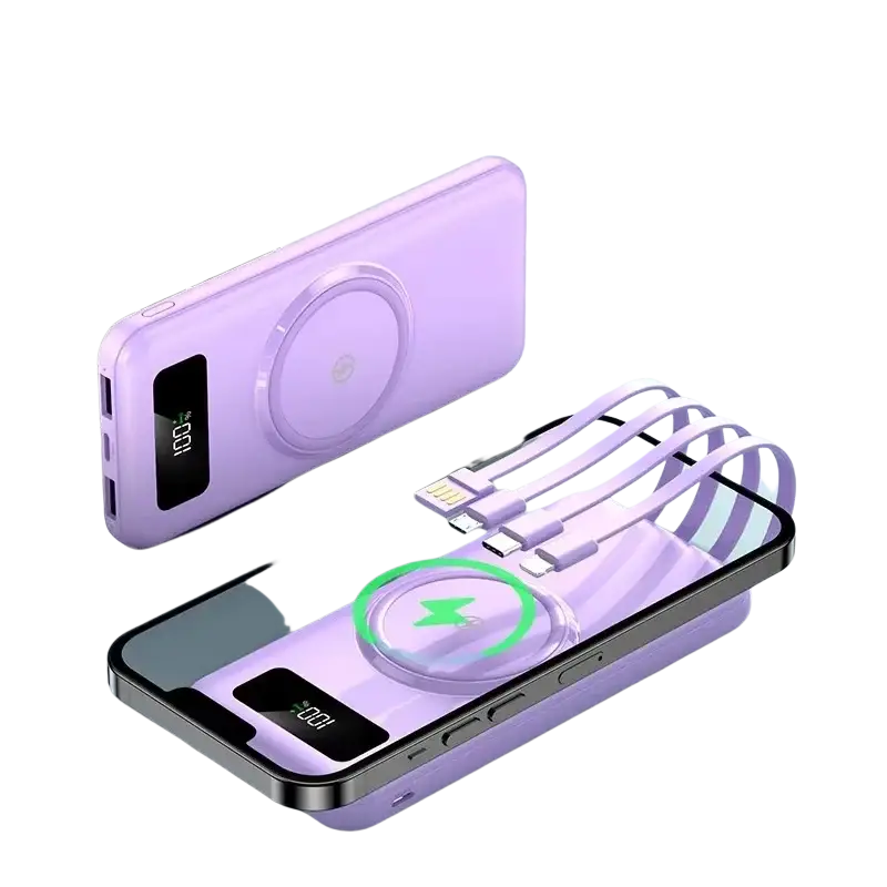 Lavender quick charge power bank with li-polymer battery built-in wireless charging pad and micro usb cables storage slots
