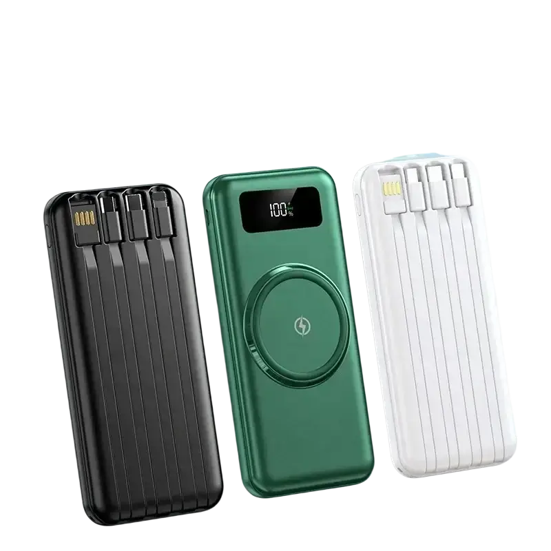 Three sleek quick charge power banks in black green and white with ribbed texture micro usb and built-in cables