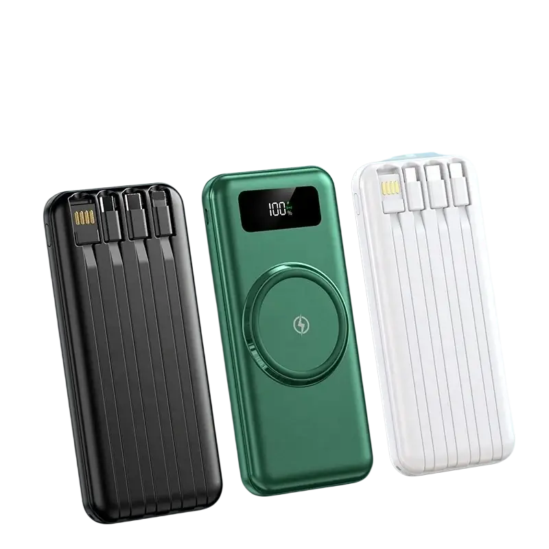 Three slim rectangular quick charge power banks in black green and white with li-polymer battery and digital display