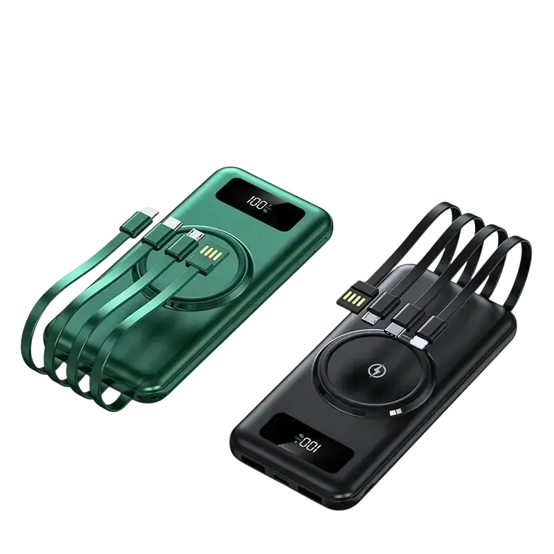 Two sleek portable quick charge power banks in emerald green and black with li-polymer battery and built-in micro usb cables