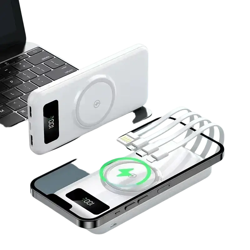 White quick charge power bank with built-in micro usb cables, display, and multiple storage slots for wireless charging