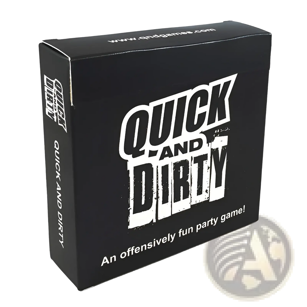 Black cardboard box for quick and dirty party card game for adults 17 plus with bold white distressed lettering