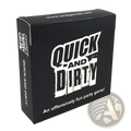 Black cardboard box for quick and dirty party card game for adults 17 plus with bold white distressed lettering