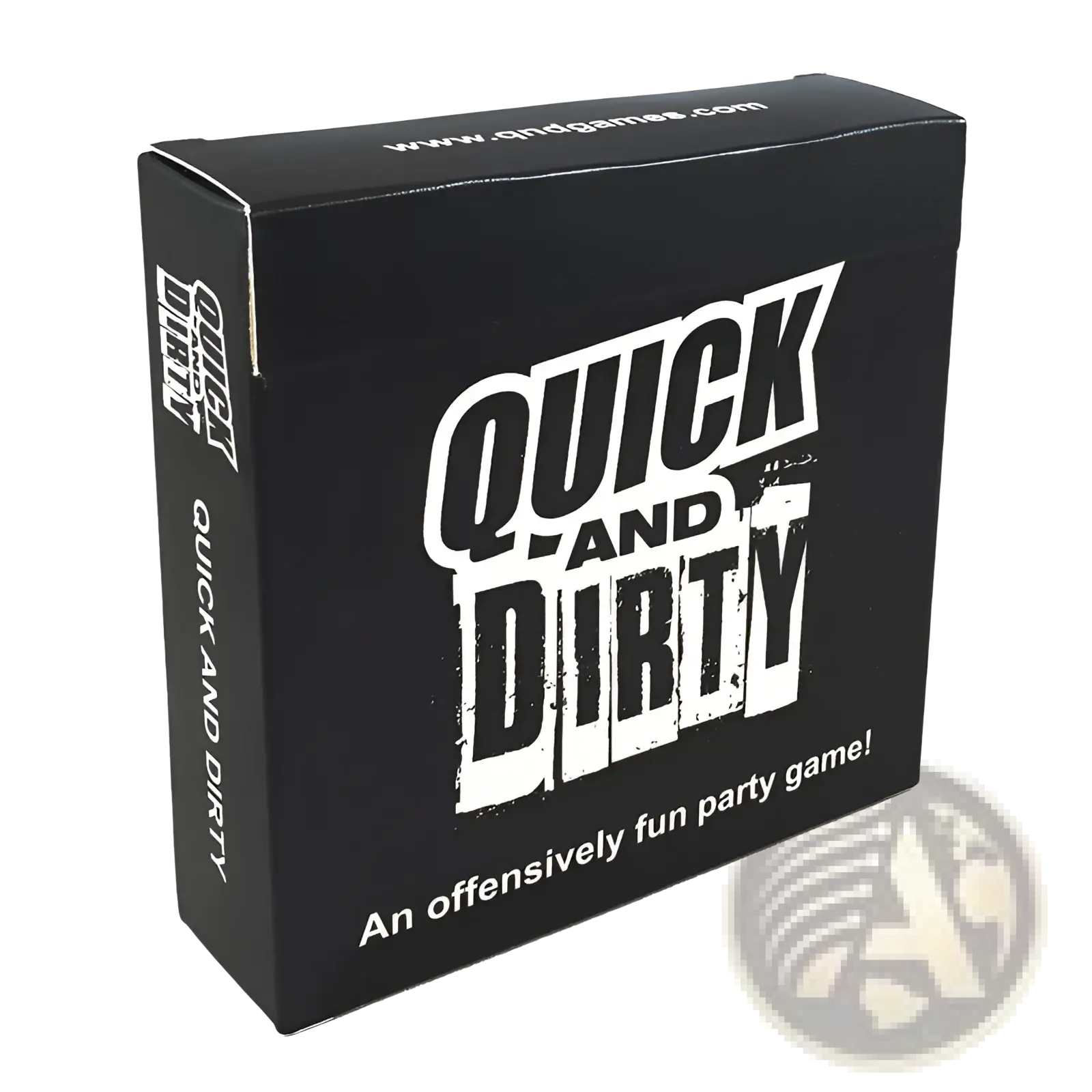 Black cardboard box for quick and dirty party card game for adults 17 plus with bold white distressed lettering