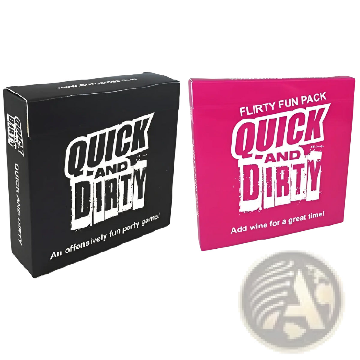 Two quick and dirty party card game boxes for adults 17 plus in black and bright pink with white lettering