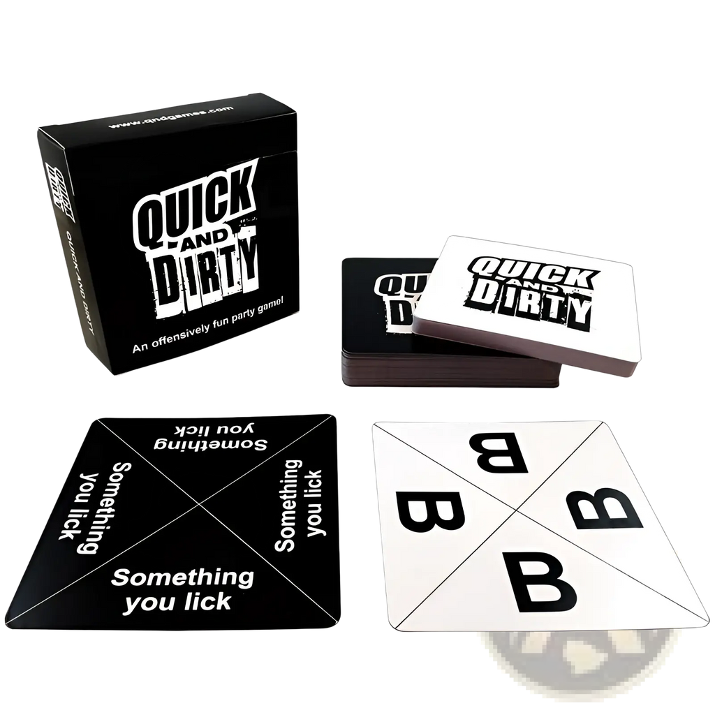 Quick and Dirty party card game box and matching black and white cards with bold stylized text for adults 17 plus