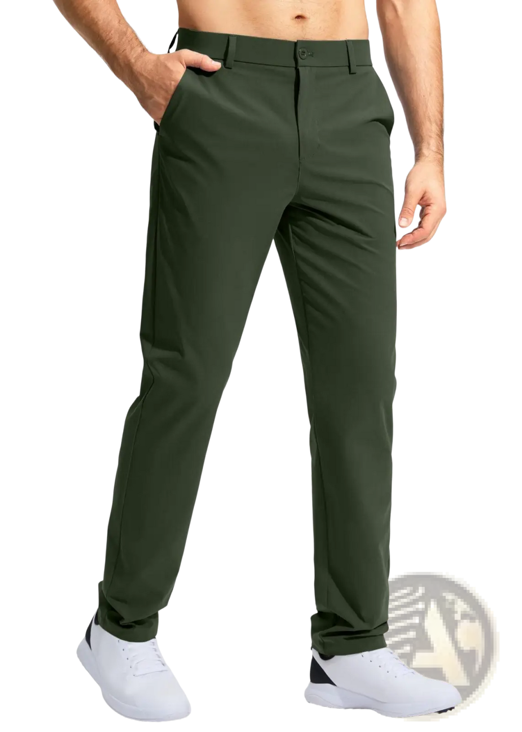 Dark green slim-fit quick drying casual stretch pants with tailored waistband and belt loops for men