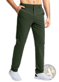 Dark green slim-fit quick drying casual stretch pants with tailored waistband and belt loops for men