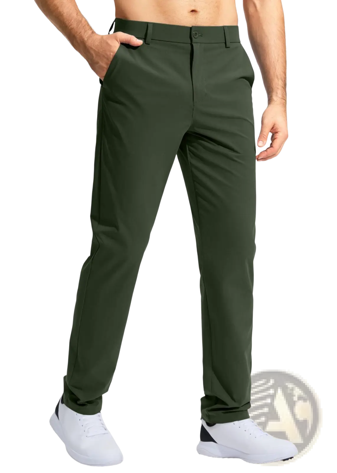 Dark green slim-fit quick drying casual stretch pants with tailored waistband and belt loops for men