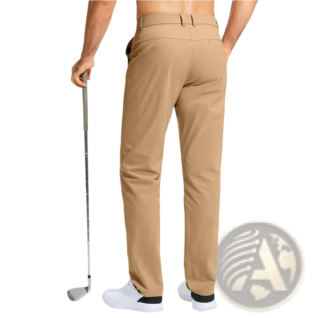 Beige quick drying casual stretch athletic golf pants with tailored fit and subtle stitching details