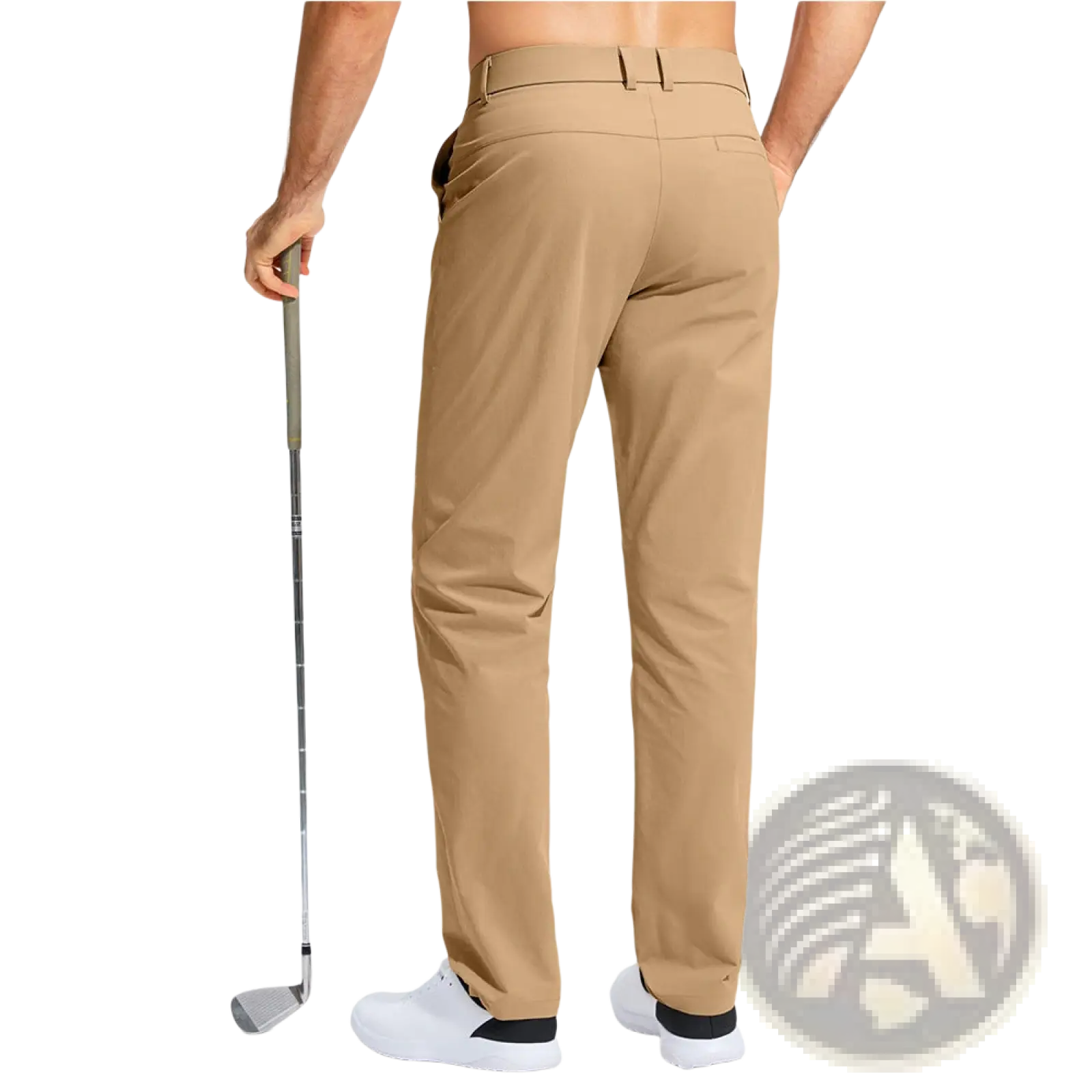 Beige quick drying casual stretch athletic golf pants with tailored fit and subtle stitching details