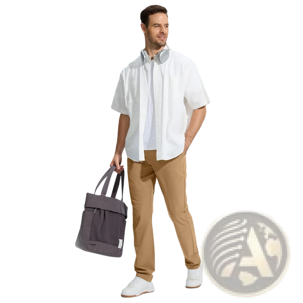 Gray canvas tote bag with black straps and front pocket shown alongside quick drying casual stretch pants