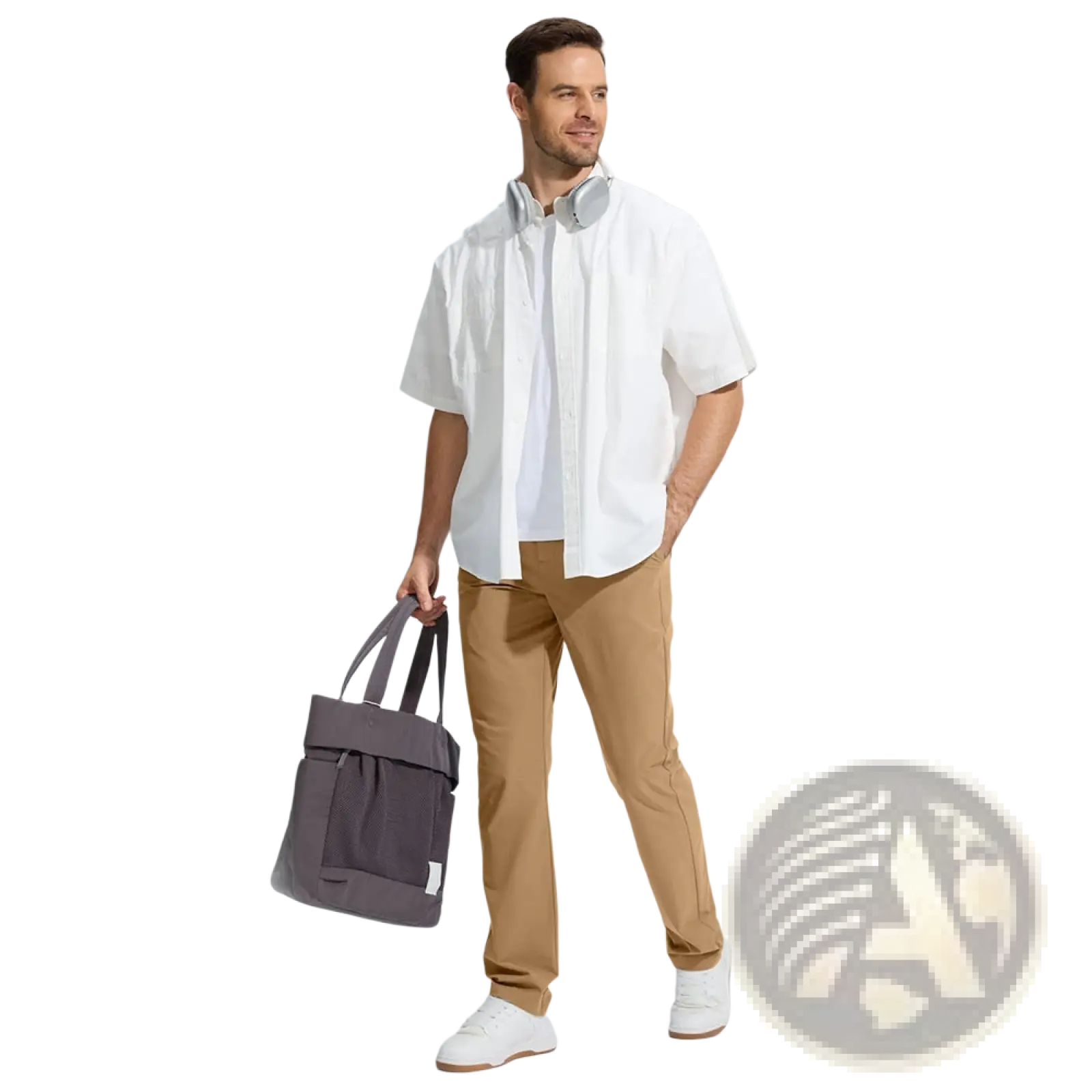 Gray canvas tote bag with black straps and front pocket shown alongside quick drying casual stretch pants
