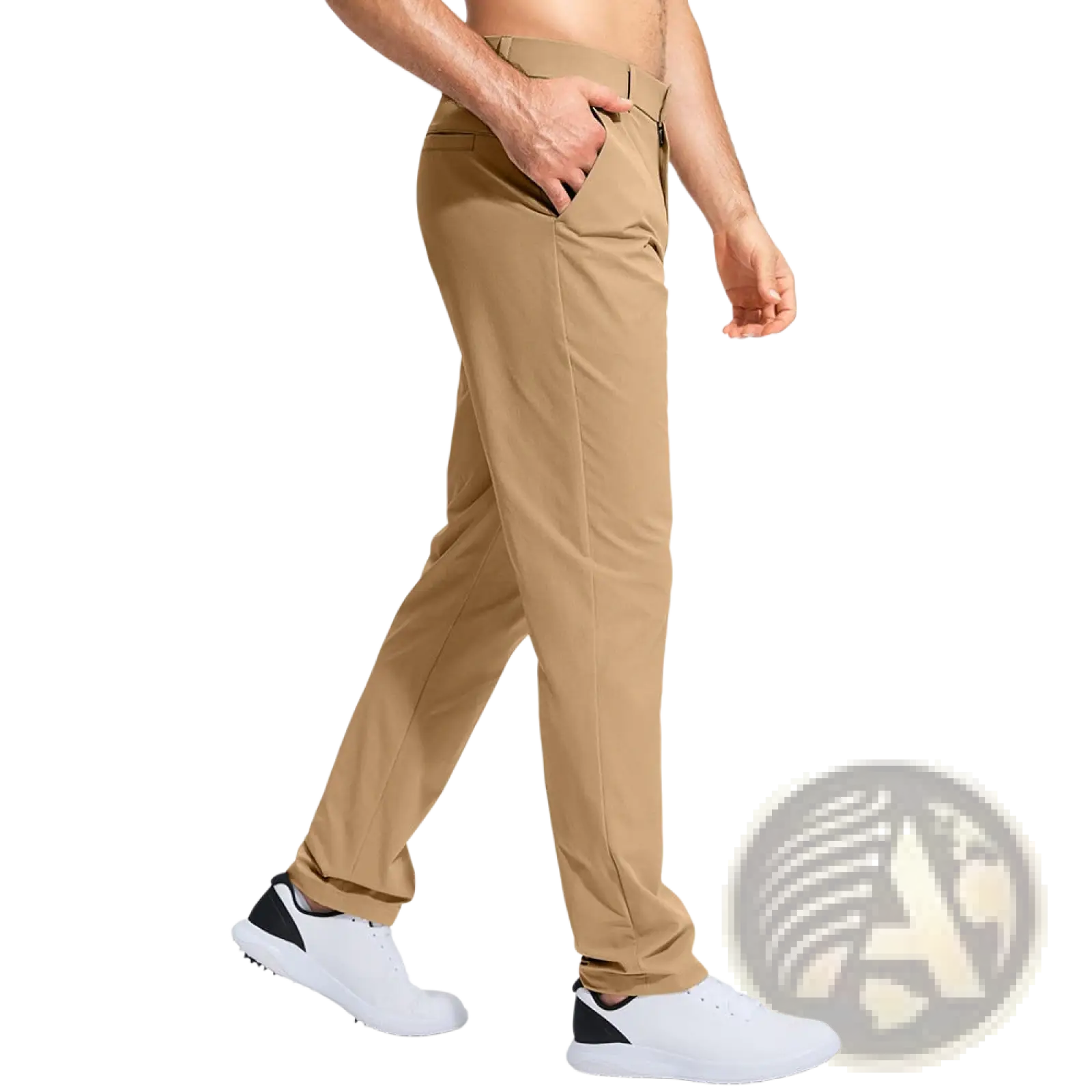 Khaki quick drying casual stretch pants in slim fit with smooth fabric and subtle side seam detailing