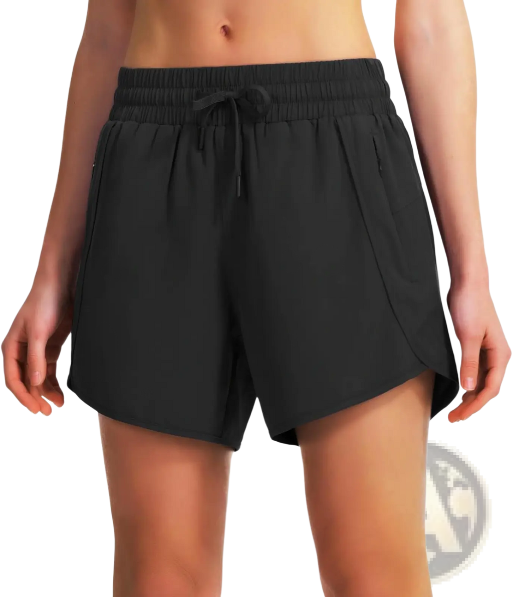 Black quick drying lightweight running shorts with elastic waistband drawstring and sleek breathable fabric design
