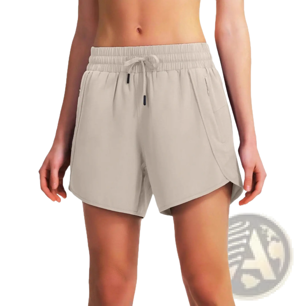 Beige quick drying lightweight running shorts with elastic waistband, drawstring, lightweight fabric, and side pockets