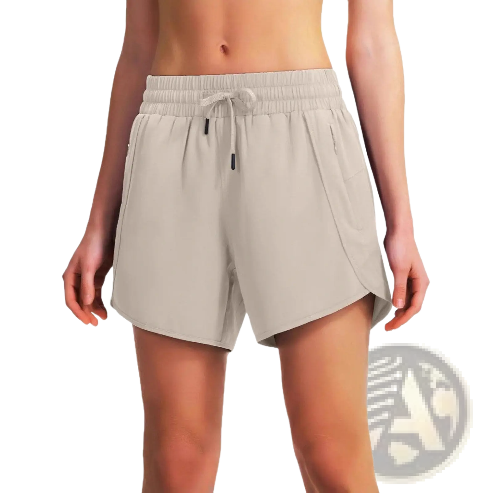 Beige quick drying lightweight running shorts with elastic waistband, drawstring, lightweight fabric, and side pockets