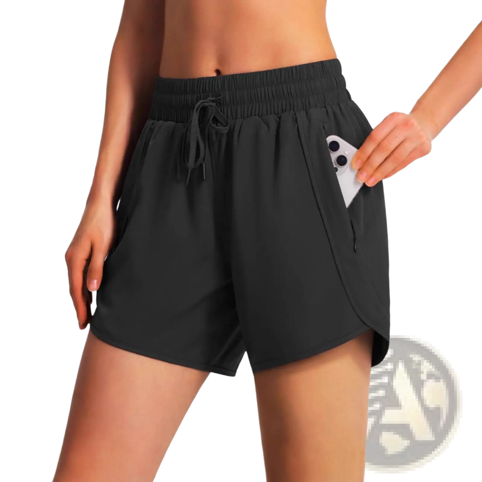 Black quick drying lightweight running shorts with elastic waistband and side pocket holding a smartphone