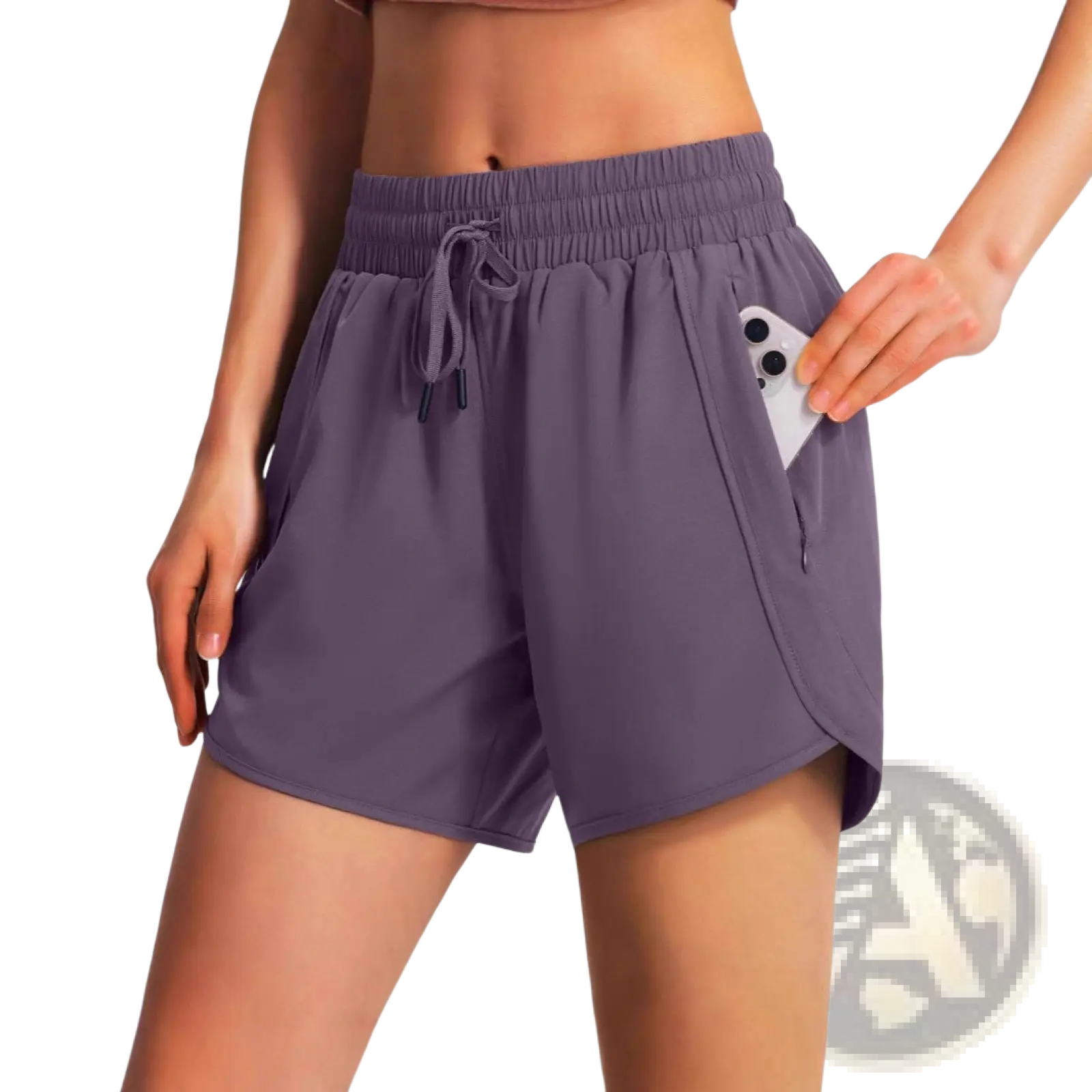 Purple quick drying lightweight running shorts with elastic waistband drawstring and side pocket holding a smartphone