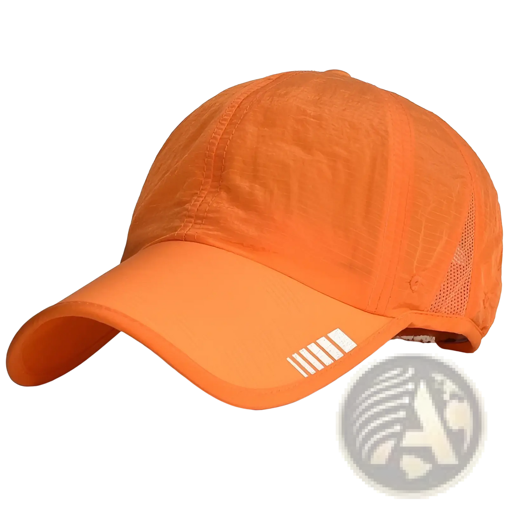 Bright orange quick-drying running hat with mesh back and white reflective stripes on the brim for sports sun protection