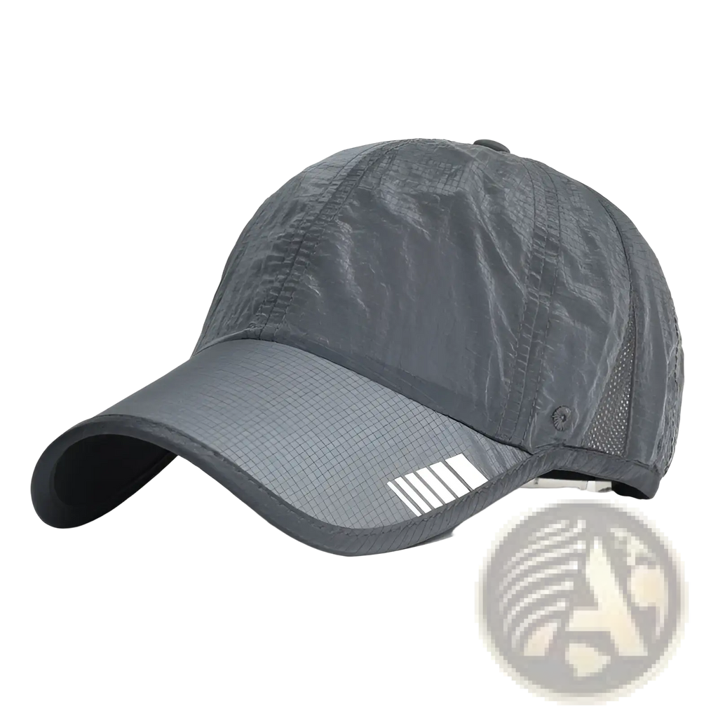 Dark gray quick-drying running hat with mesh back and white reflective stripes on brim for sports sun protection