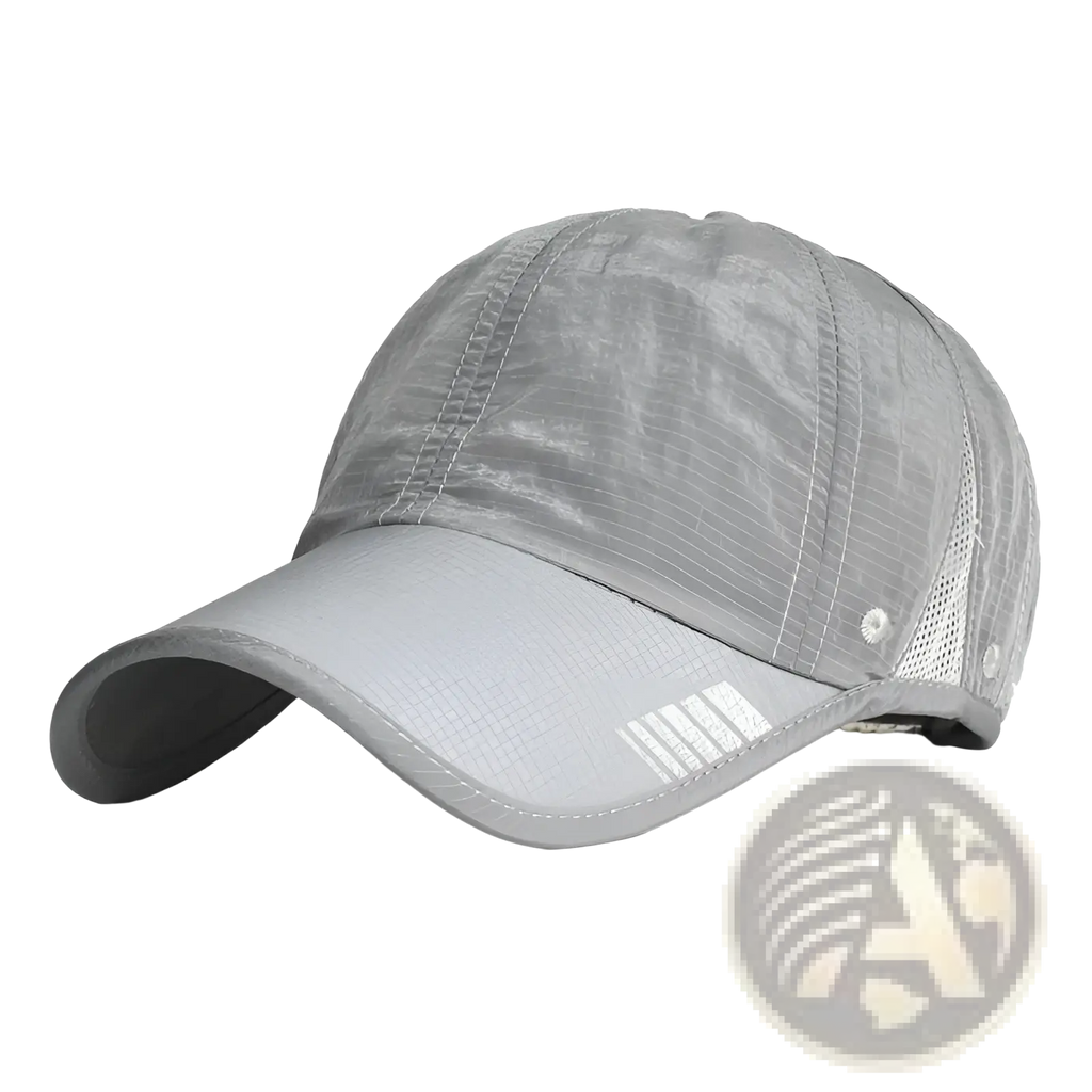 A light gray quick-drying running hat with breathable mesh back and subtle stitching details for sun protection