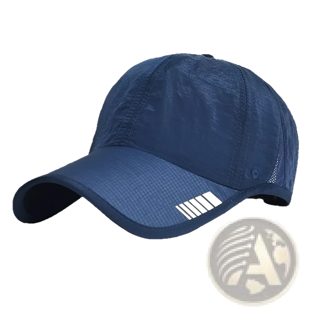 Navy blue quick-drying running hat with white reflective brim stripes and breathable mesh panels for sports use