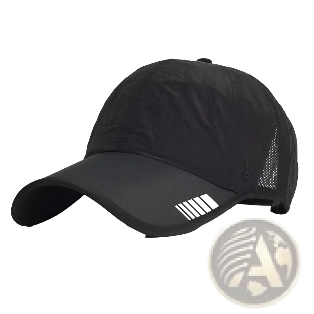 Black quick-drying running hat with mesh back and white striped logo on the brim designed for sun protection