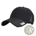 Black quick-drying running hat with mesh back and white striped logo on the brim designed for sun protection