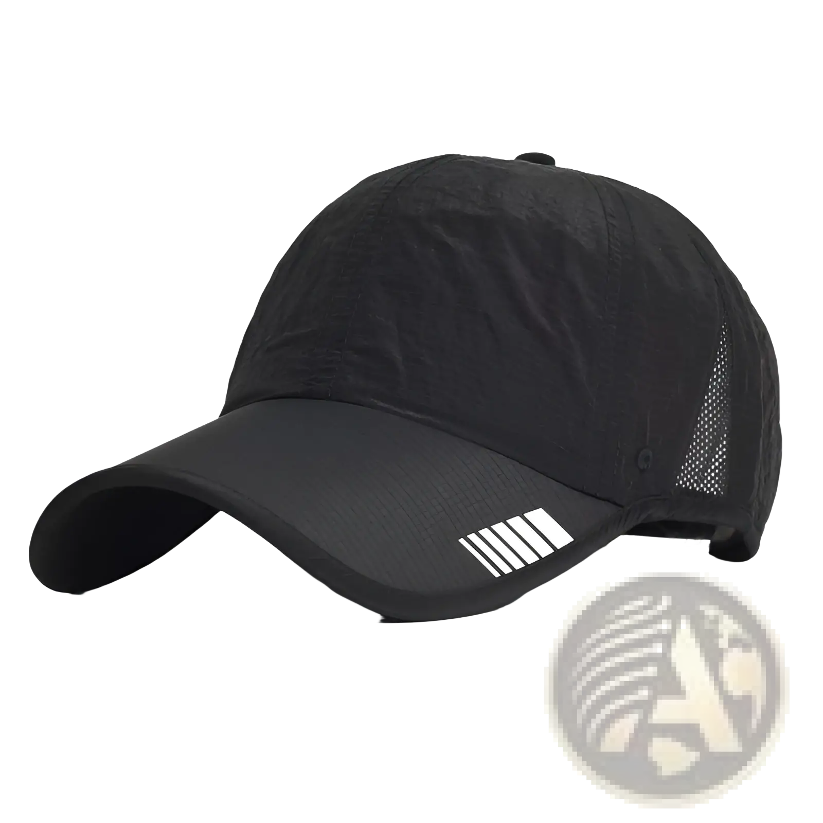 Black quick-drying running hat with mesh back and white striped logo on the brim designed for sun protection