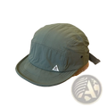 Olive green quick drying five panel cap with short brim and white triangular logo on the front