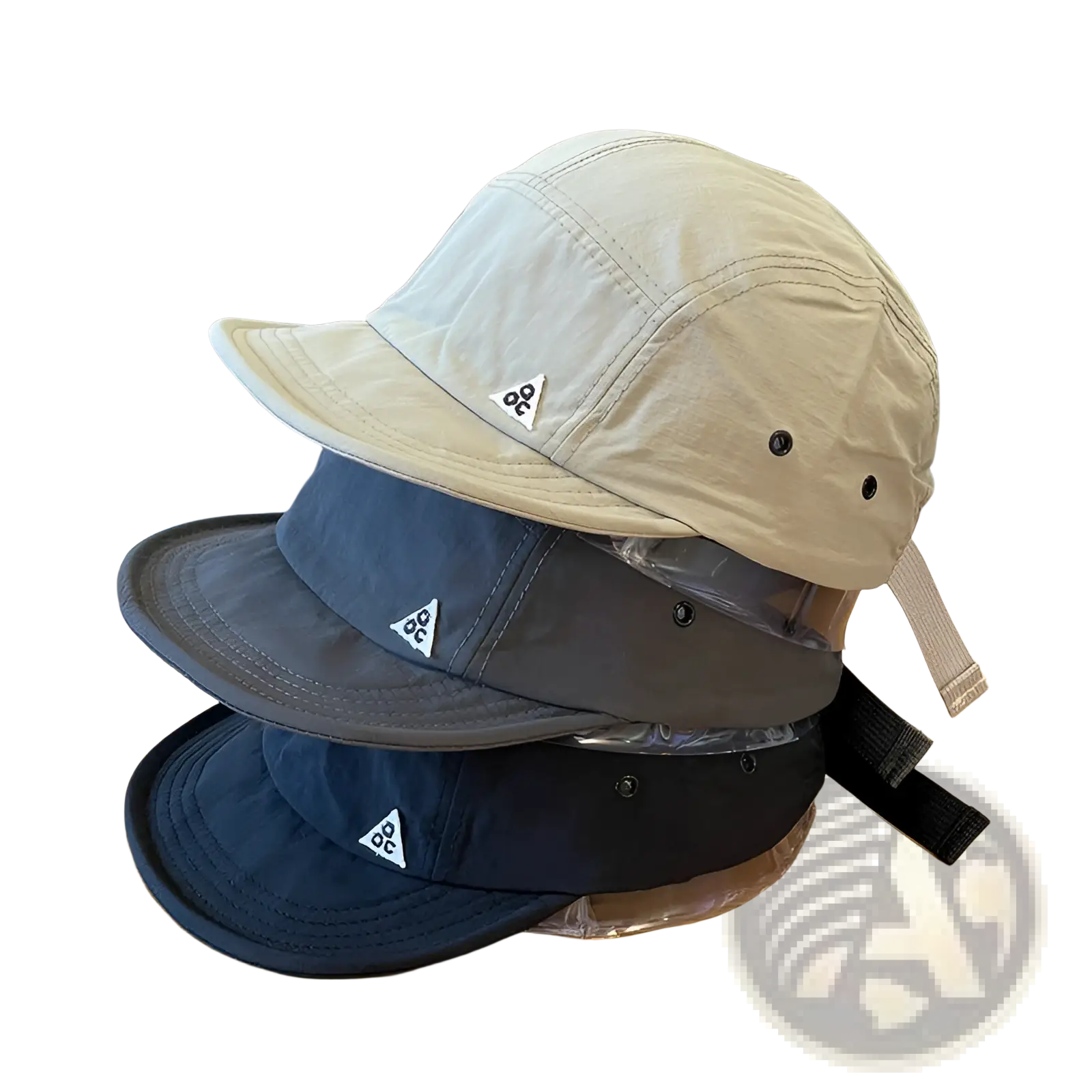 Stacked quick drying short brim five panel caps in beige dark gray and black with triangular logo patches