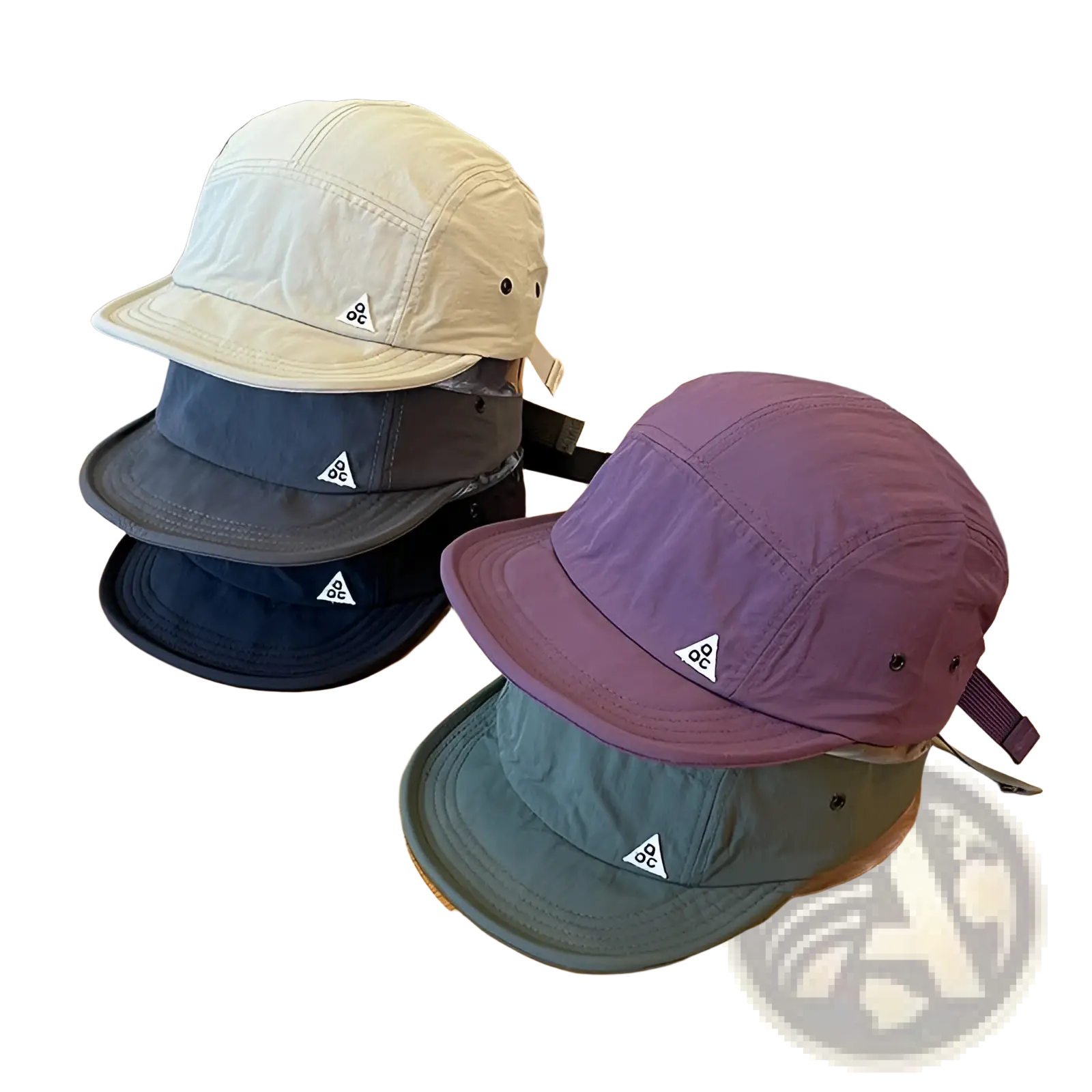 Quick drying short brim five panel hats in beige dark gray navy blue and purple with a white triangular logo