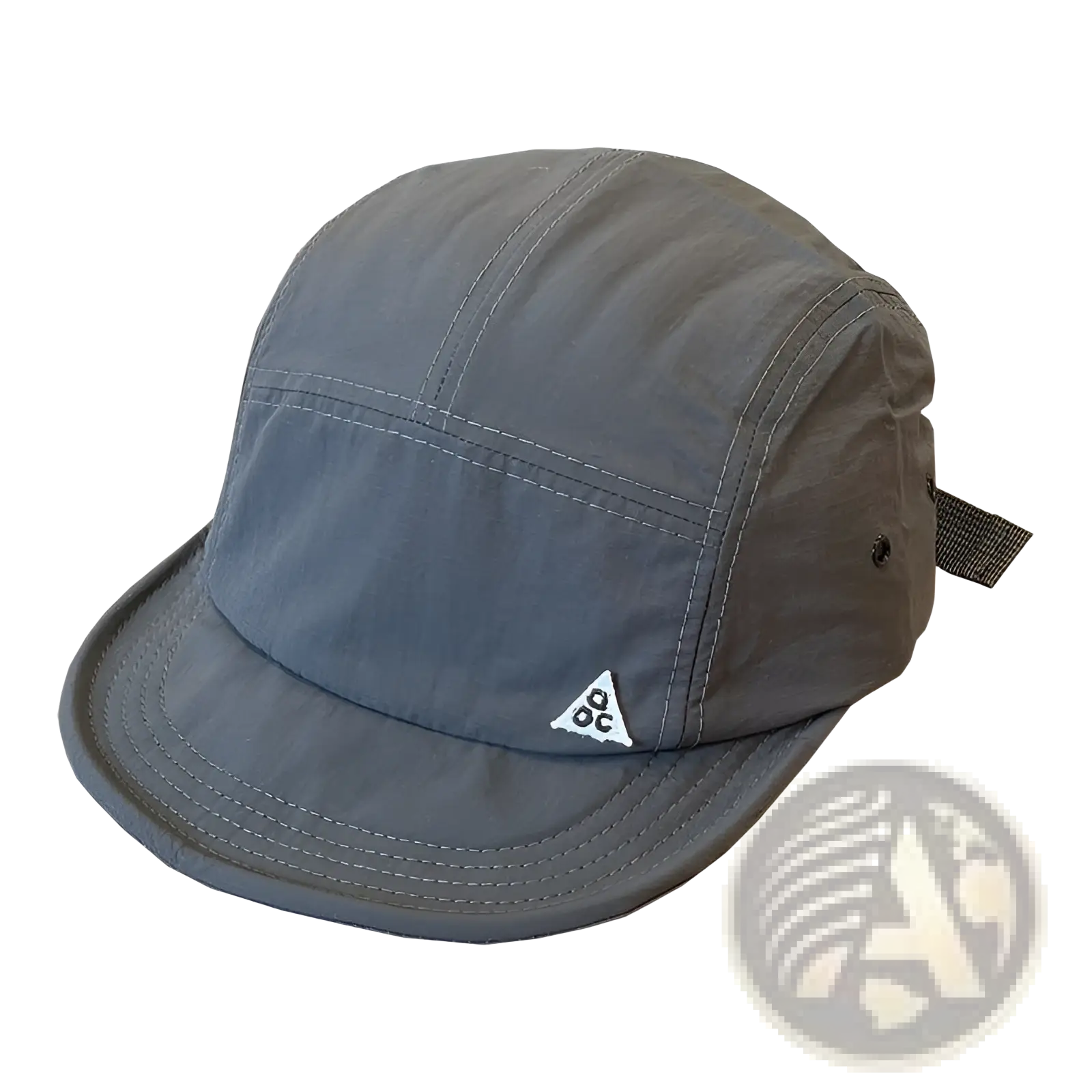 Gray quick drying five panel cap with white embroidered Nike Air logo and short brim for outdoor use