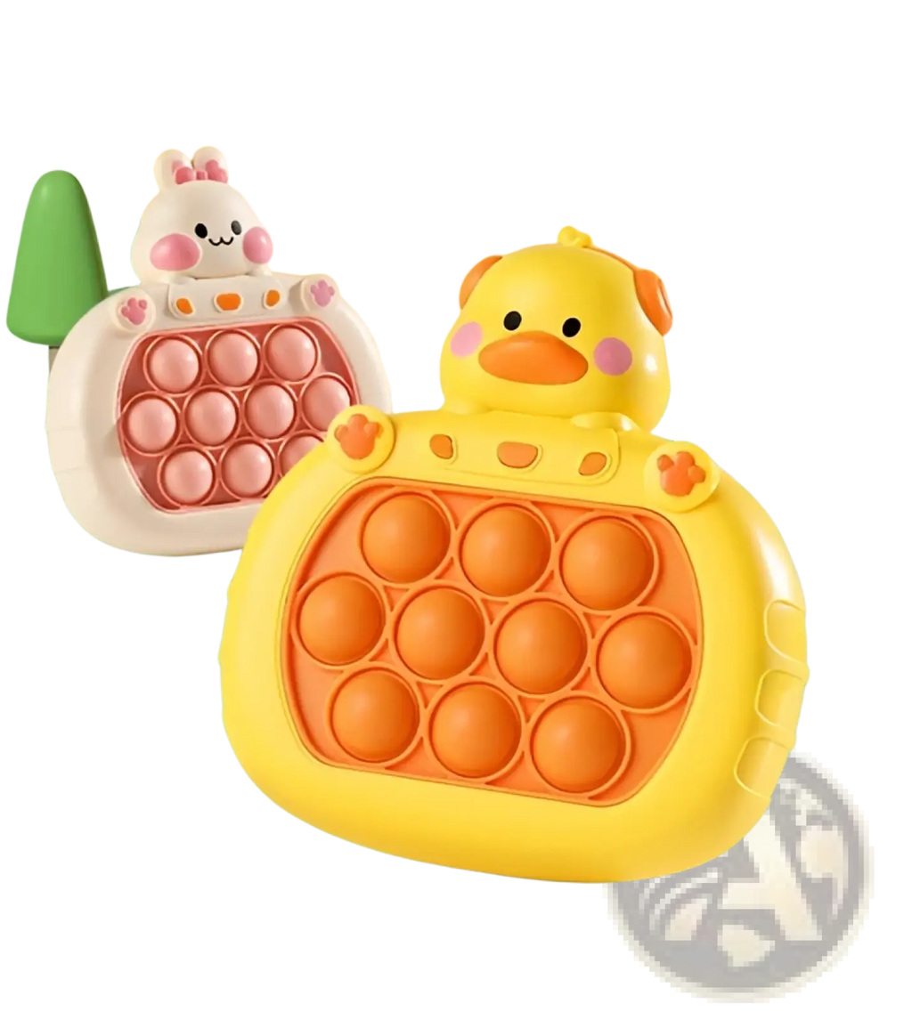 Yellow duck-shaped pop-it fidget toy with orange bubbles and pink cheeks for quick push game console play