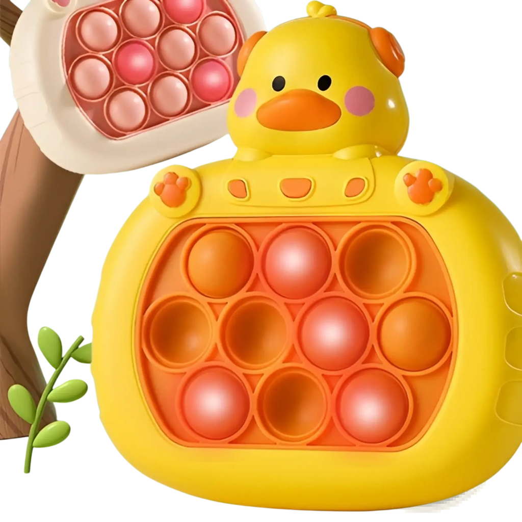Yellow duck-shaped pop-it fidget toy with orange and pink bubbles in quick push game console design