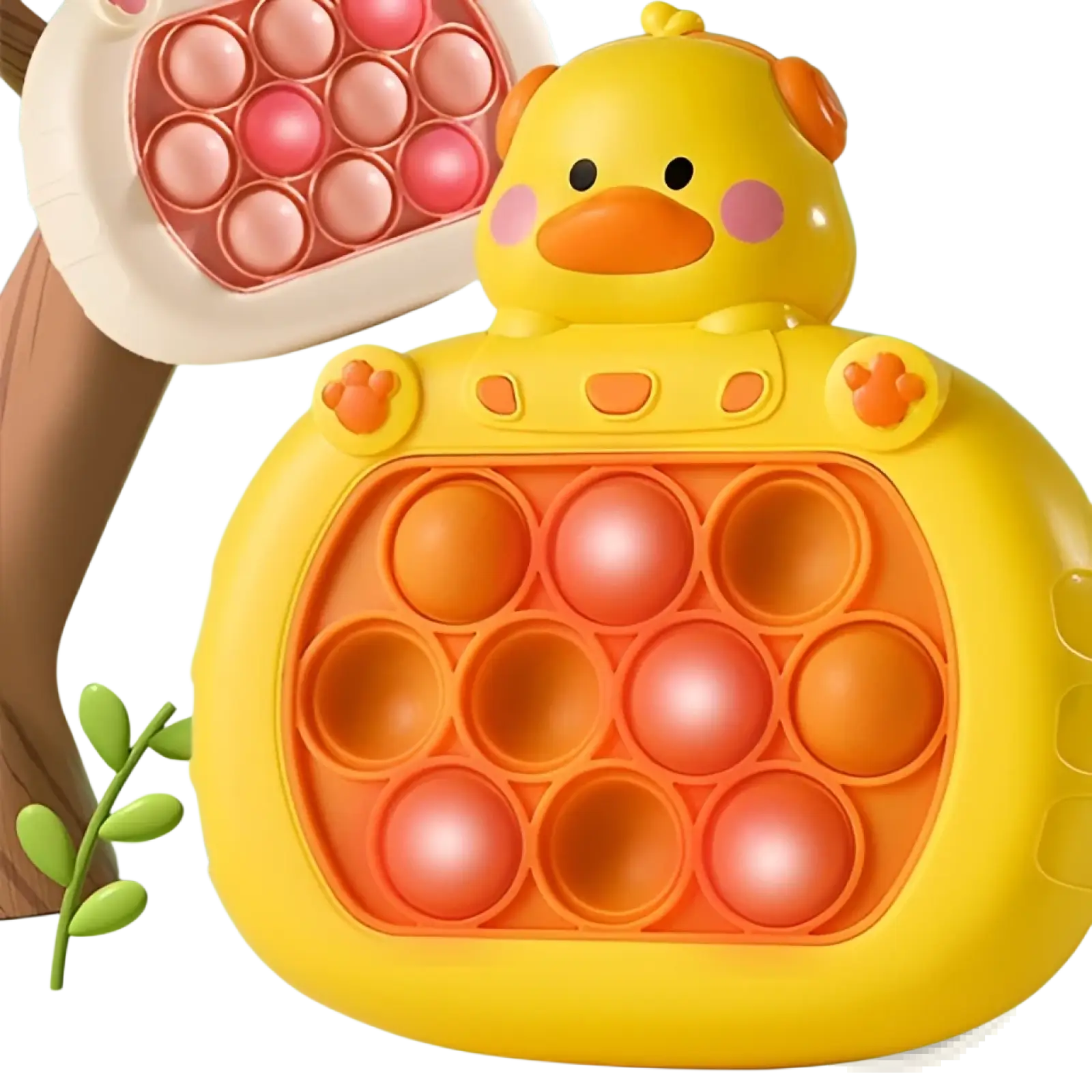 Yellow duck-shaped pop-it fidget toy with orange and pink bubbles in quick push game console design