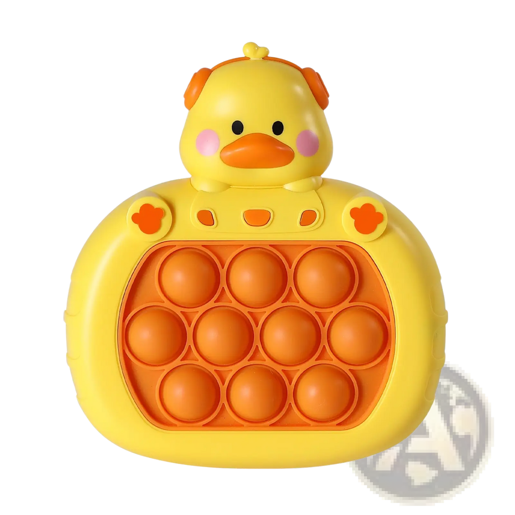 Yellow duck-shaped pop-it fidget toy with orange circular bubbles and pink cheeks for quick push game console use