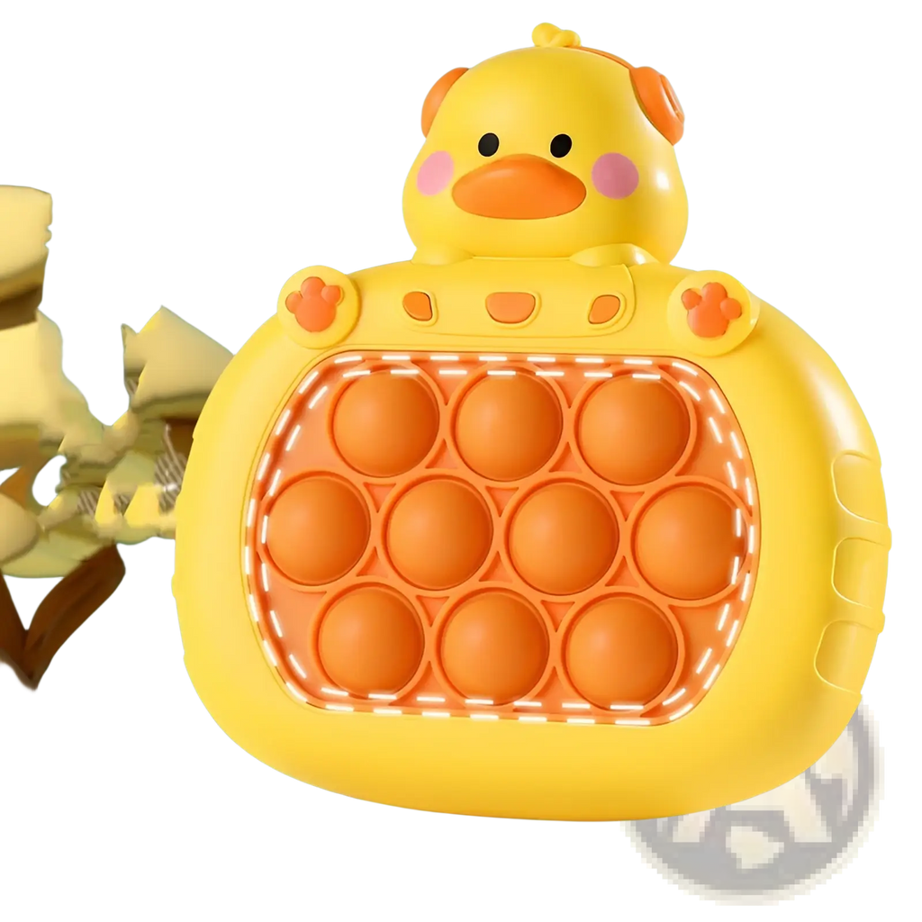 Yellow duck-shaped quick push game console pop-it fidget toy with orange bubbles and pink cheeks for stress relief