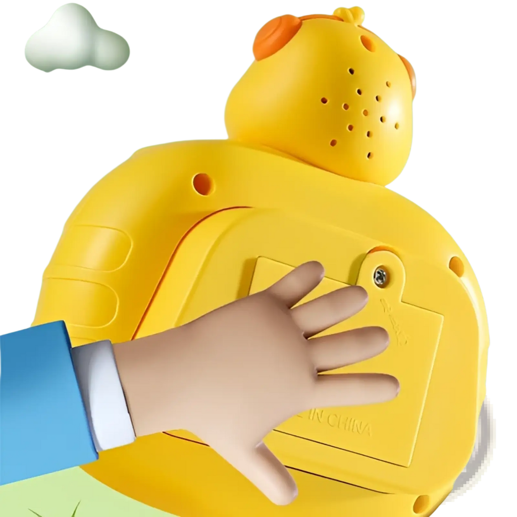 Yellow plastic duck-shaped quick push game console and fidget toy with orange beak feet and speaker grille on head
