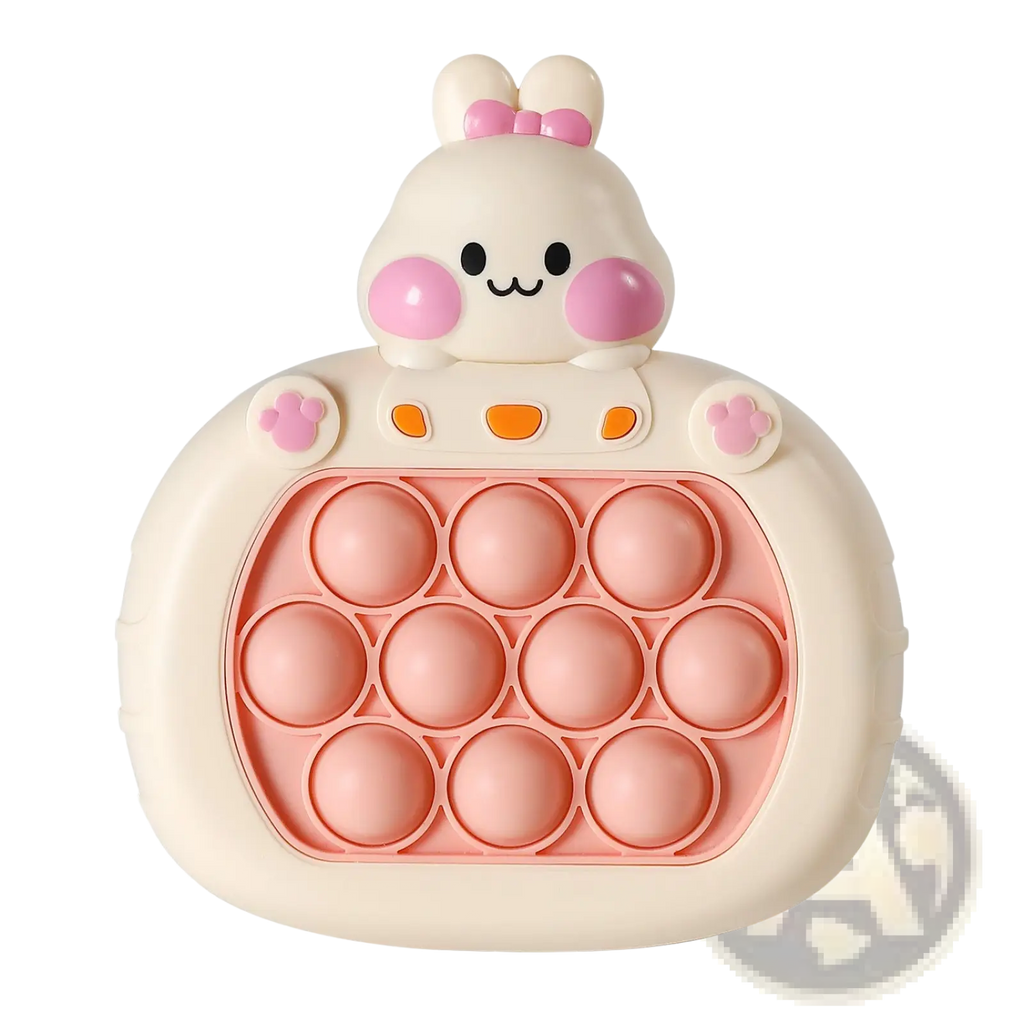 Cute cream-colored bunny-shaped silicone pop-it fidget toy with pink cheeks and coral circular bubbles for quick push game console