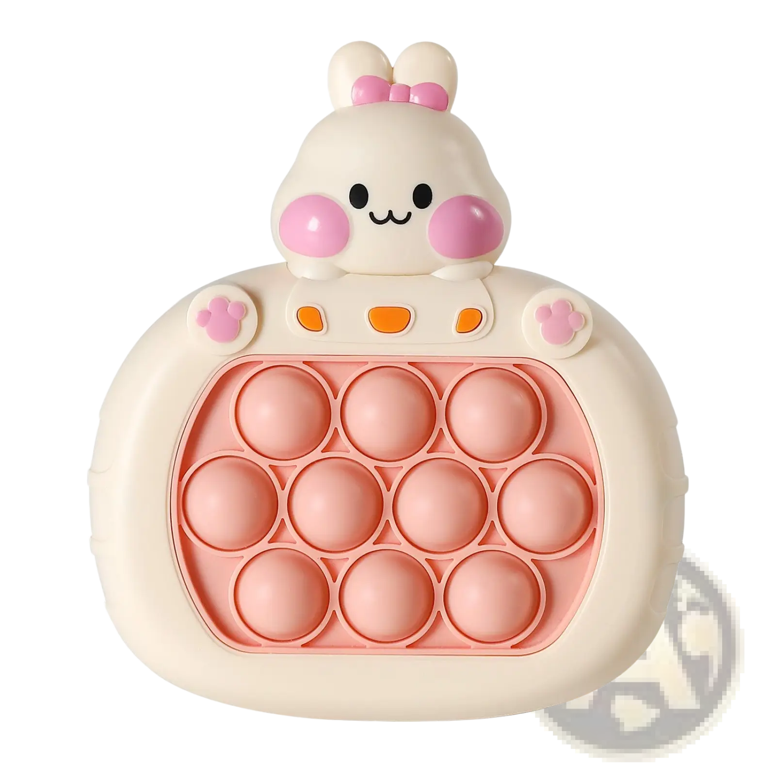 Cute cream-colored bunny-shaped silicone pop-it fidget toy with pink cheeks and coral circular bubbles for quick push game console