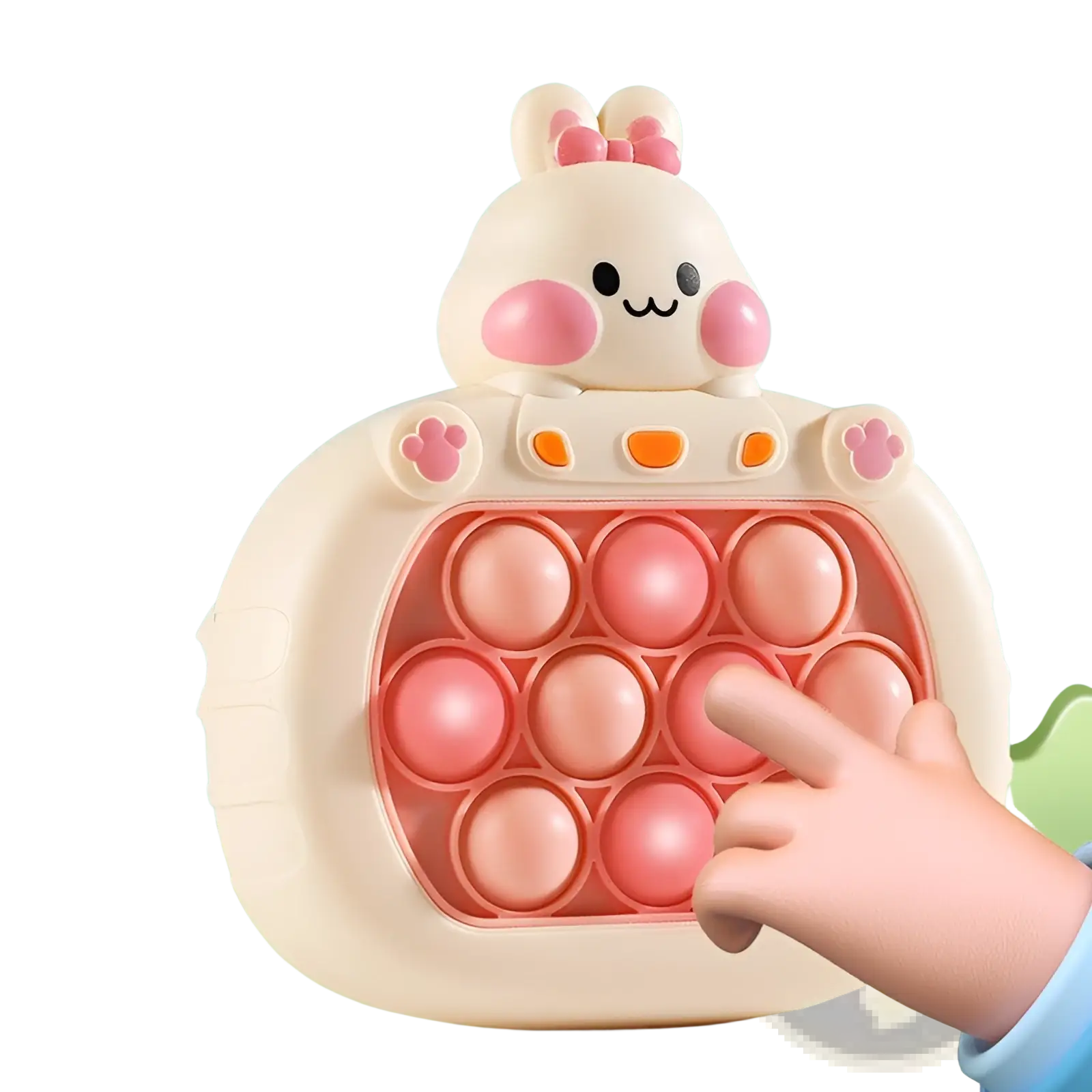 Cute cream-colored bunny-shaped silicone pop-it fidget toy with pink cheeks ears and buttons for quick push game console
