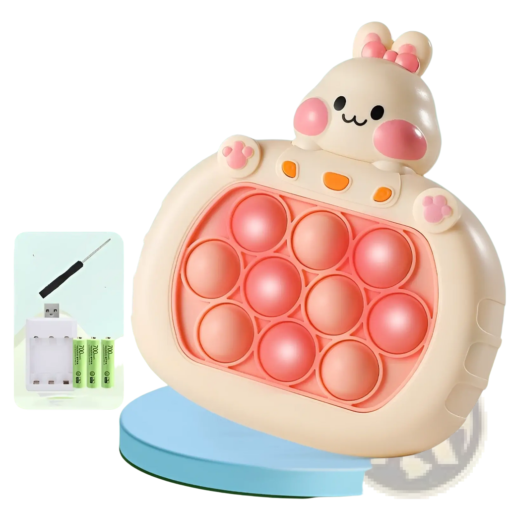 Cute beige bunny-shaped pop-it fidget toy with pink bubbles and orange accents in quick push game console set