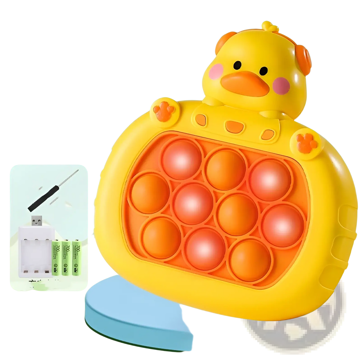 Yellow duck-shaped pop-it fidget toy with orange bubbles and pink cheeks for quick push game console use